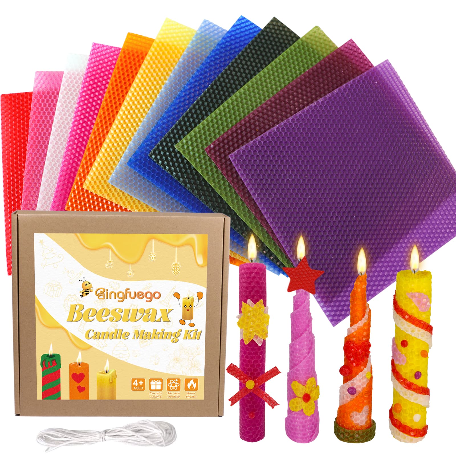 12 Colors Natural Beeswax Candle Rolling Kit 8×8 Inch for Beginners